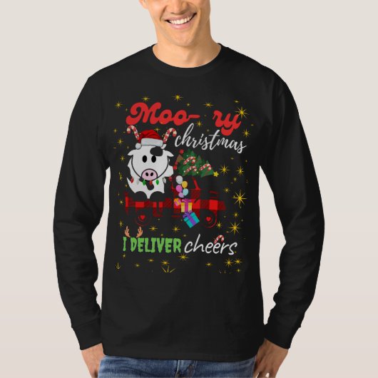 Moo-ry Christmas Cow in Plaid Truck Holiday design T-shirt (Voorkant)
