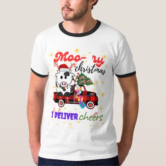 Moo-ry Christmas Cow in Plaid Truck Holiday design T-shirt (Voorkant)