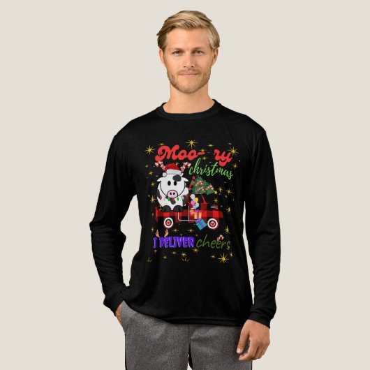 Moo-ry Christmas Cow in Plaid Truck Holiday design Tri-Blend Shirt (Voorkant)