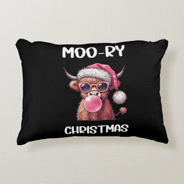 Moo-ry Christmas Schotse Hoogland Koe Accent Kussen (Voorkant)