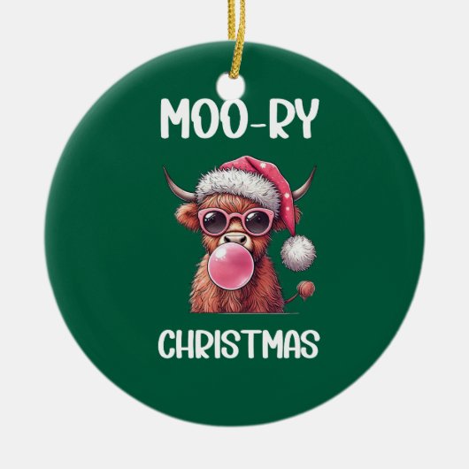Moo-ry Christmas Schotse Hoogland Koe Keramisch Ornament (Voorkant)