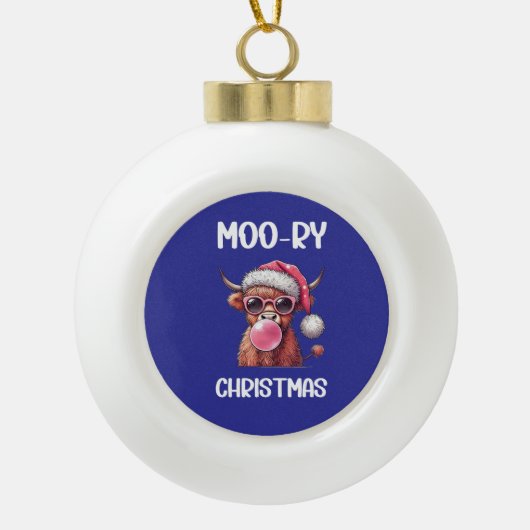 Moo-ry Christmas Schotse Hoogland Koe Keramische Bal Ornament (Voorkant)