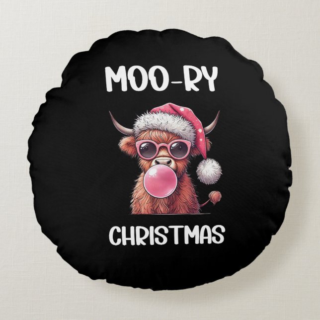 Moo-ry Christmas Schotse Hoogland Koe Rond Kussen (Voorkant)