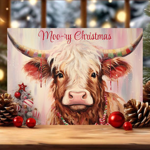 Moo-ry Christmas Waterverf Highland Koe Feestdagen Kaart
