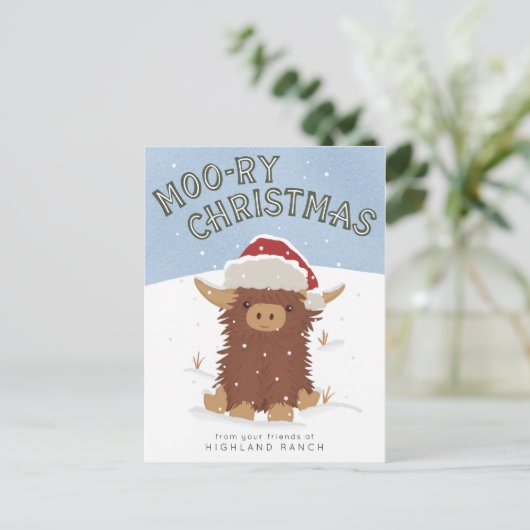 Moo-ry Kerstmis schattig shaggy Highland koe Santa Briefkaart (Staand voorkant)