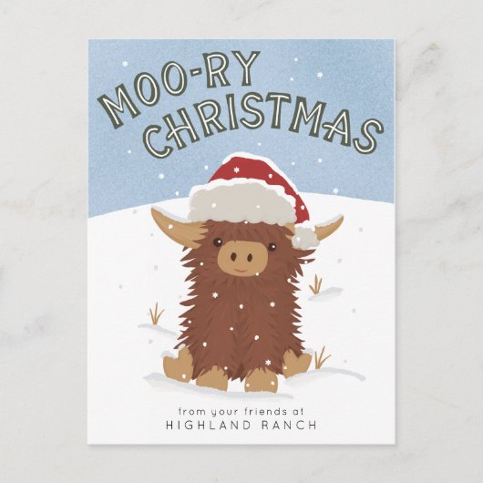 Moo-ry Kerstmis schattig shaggy Highland koe Santa Briefkaart (Voorkant)