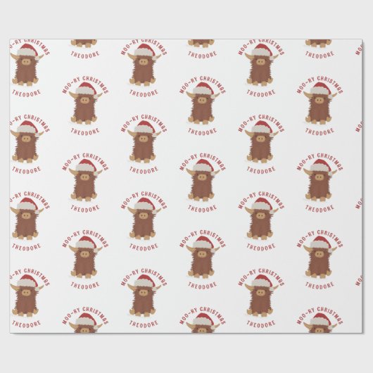 Moo-ry Kerstmis schattig shaggy Highland koe Santa Cadeaupapier (Vlak)