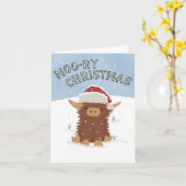 Moo-ry Kerstmis schattig shaggy Highland koe Santa Kaart (Gele Bloem)