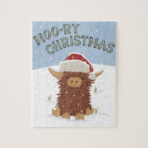 Moo-ry Kerstmis schattig shaggy Highland koe Santa Legpuzzel