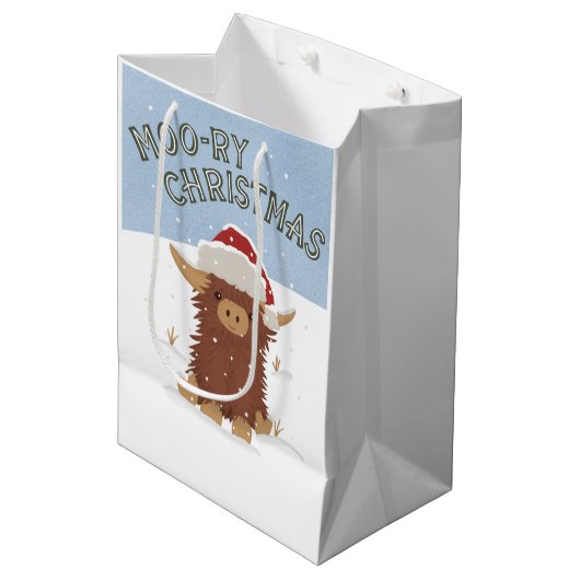 Moo-ry Kerstmis schattig shaggy Highland koe Santa Medium Cadeauzakje (Voorkant Gekanteld)