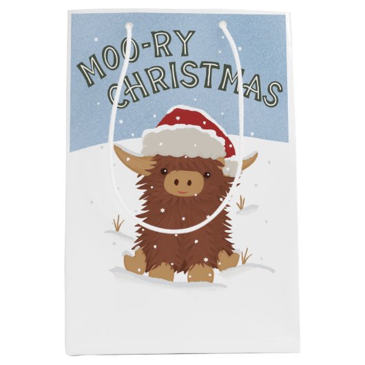 Moo-ry Kerstmis schattig shaggy Highland koe Santa Medium Cadeauzakje (Voorkant)