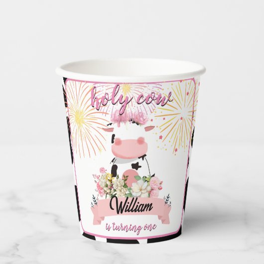 Moo schattig bloemenroze Heilige Koe 1e Verjaardag Papieren Bekers (Voorkant)