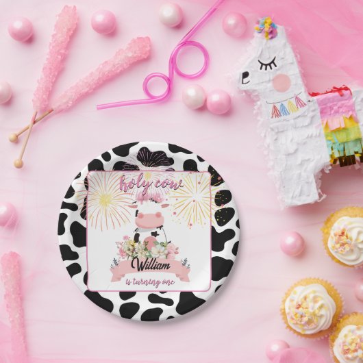 Moo schattig bloemenroze Heilige Koe 1e Verjaardag Papieren Bordje (Feest)