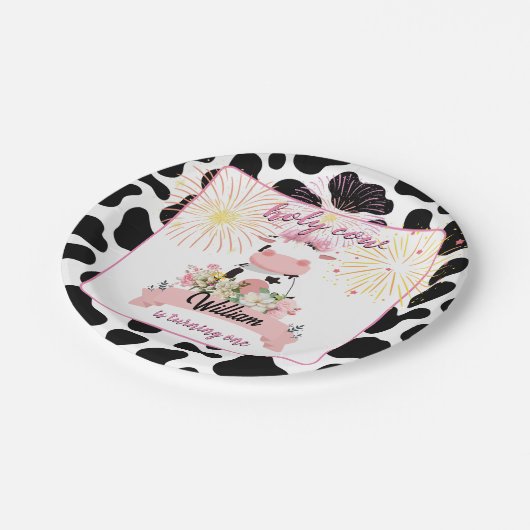 Moo schattig bloemenroze Heilige Koe 1e Verjaardag Papieren Bordje (Gekanteld)