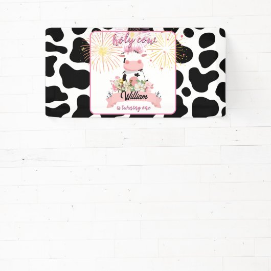 Moo schattig bloemenroze Heilige Koe 1e Verjaardag Spandoek (Insitu)