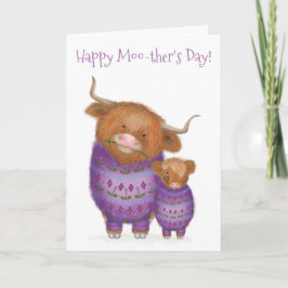 'Moo-ther' & baby Highland koe Moederdag kaart
