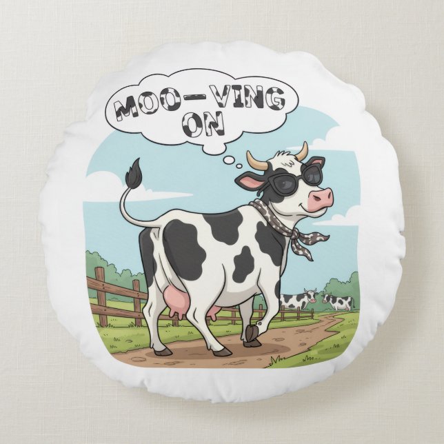 "Moo-ving On" Cow - Funny & Stylish Farm Humor! Rond Kussen (Voorkant)