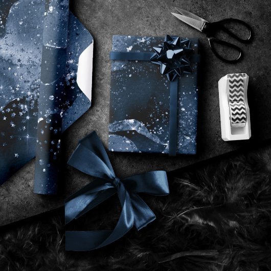 Moody Agate | Navy Denim Steel Blue Faux Glitter Cadeaupapier