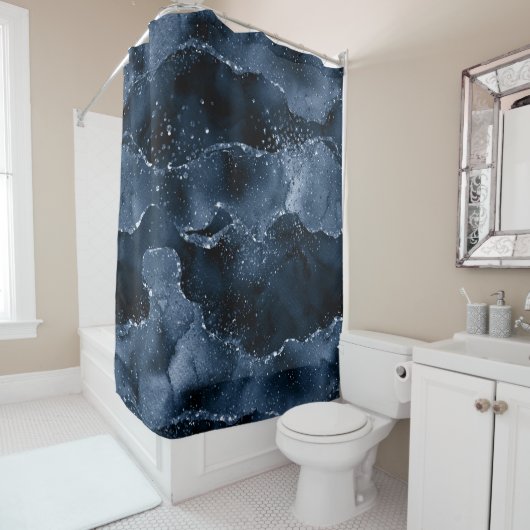 Moody Agate | Navy Denim Steel Blue Faux Glitter Douchegordijn (In situ)