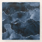 Moody Agate | Navy Denim Steel Blue Faux Glitter Glazen Onderzetter (Voorkant)