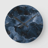 Moody Agate | Navy Denim Steel Blue Faux Glitter Ronde Klok (Voorkant)