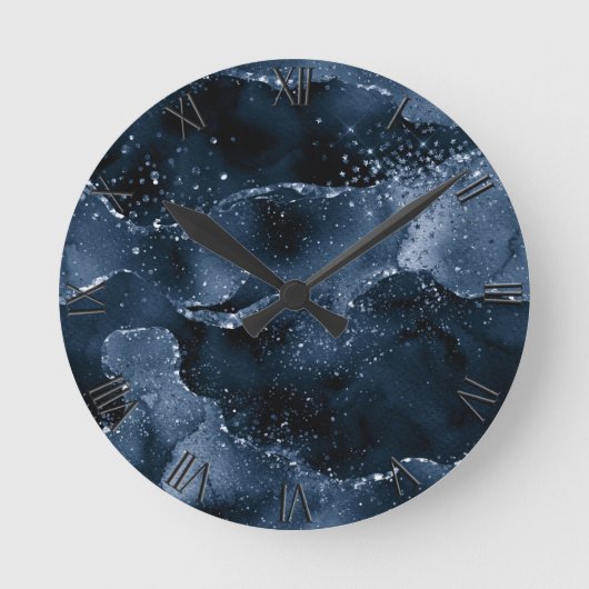 Moody Agate | Navy Denim Steel Blue Faux Glitter Ronde Klok (Voorkant)