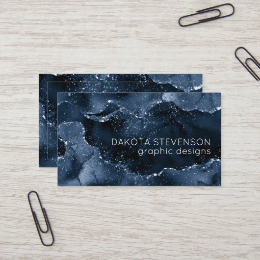 Moody Agate | Navy Denim Steel Blue Faux Glitter Visitekaartje (Voorkant / Achterkant in situ)