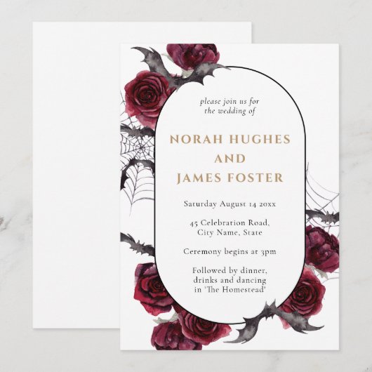 Moody Arch Floral Burgundy Black Halloween Wedding Kaart (Voorkant / Achterkant)