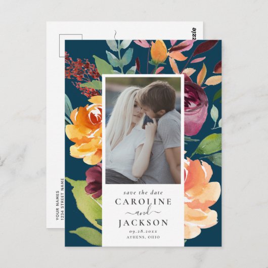 Moody Autumn Flowers Photo Save the Date Briefkaart (Voorkant / Achterkant)