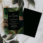Moody Autumn Leaves Dark Green Wedding Invitation Kaart<br><div class="desc">Deze moderne botanische uitnodiging heeft een donkere,  humeurige achtergrond van herfstbladeren in tinten groen en bruin. Pas het aan met de namen van de bruid en de bruidegom en andere trouwdetails in wit op een groenachtige,  zwart rechthoek. De achterkant is een overeenkomende schaduw van off-black. Ideaal voor een herfstbruiloft.</div>
