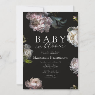  Moody Baby in Bloom Peony Dark Floral Baby Shower Kaart