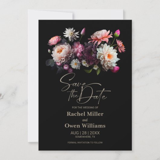 Moody Black Bloemen Bruiloft Save the Date (Voorkant)