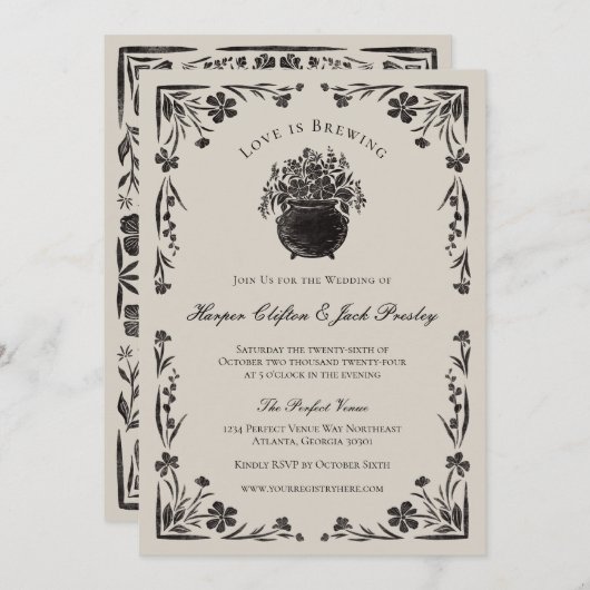 Moody Black Bloemen Gotische bruiloft uitnodiging (Voorkant / Achterkant)