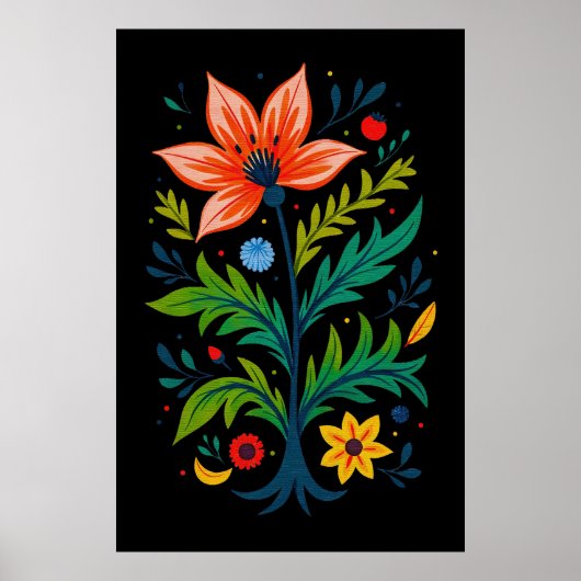 Moody Black Boho Floral Tree Folk Art Poster (Voorkant)