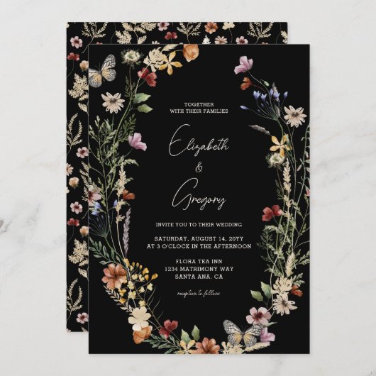 Moody Black Boho Wildflower bruiloft uitnodiging (Voorkant / Achterkant)