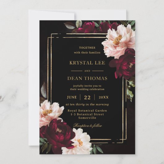 Moody Black Bourgogne Blush Bloemen Pioenen Huweli Kaart (Voorkant)