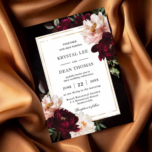 Moody Black Bourgogne Blush Bloemen Pioenen Huweli Kaart