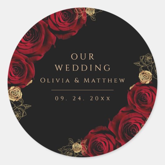 Moody Black Burgundy Roses Wedding  Ronde Sticker (Voorkant)
