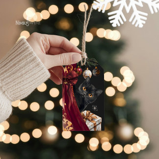 Moody Black Cat Elegant Christmas Gift Tag Cadeaulabel