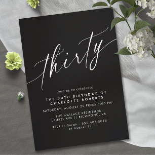 Moody Black   Elegant Script Modern 30th Verjaarda Kaart