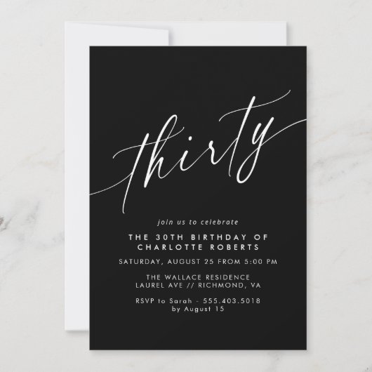 Moody Black | Elegant Script Modern 30th Verjaarda Kaart (Voorkant)
