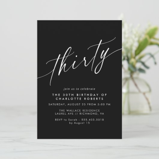 Moody Black | Elegant Script Modern 30th Verjaarda Kaart (Staand voorkant)