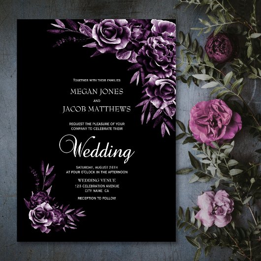 Moody Black en Paarse Floral Wedding Kaart