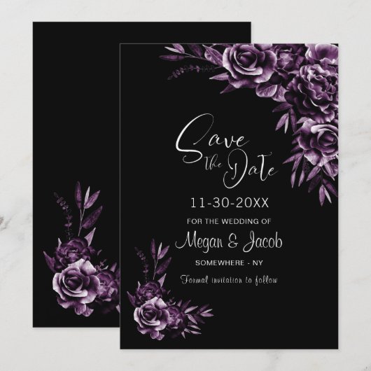 Moody Black en Paarse Floral Wedding Save The Date (Voorkant / Achterkant)
