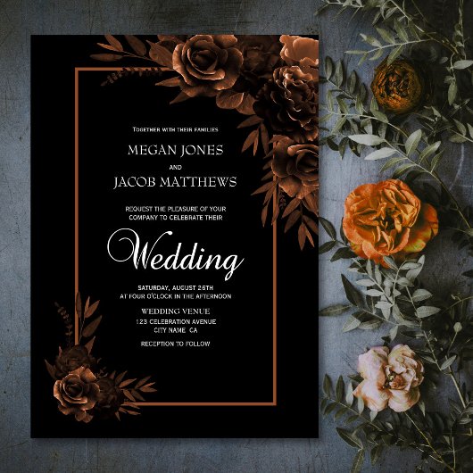 Moody Black en Sepia Floral Wedding Kaart