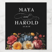 Moody Black Floral Botanische bruiloft Wijn Etiket (Enkel label)