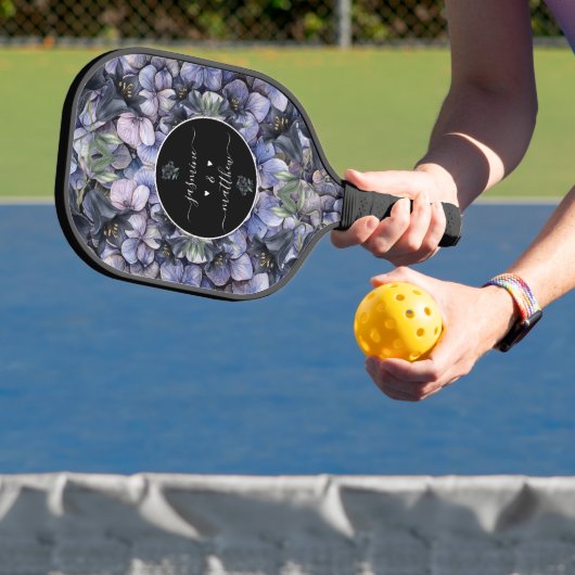 Moody Black Floral Classic Couple Names Wedding Pickleball Paddle (Insitu)