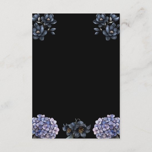 Moody Black Floral Classic Script Wedding Details Informatiekaartje (Achterkant)