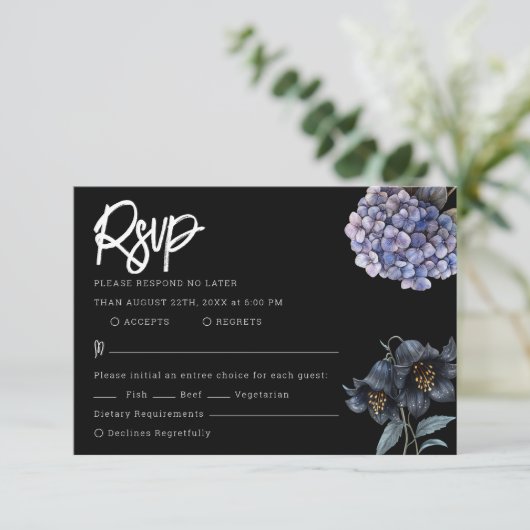 Moody Black Floral Classic Typography Wedding Rsvp (Staand voorkant)
