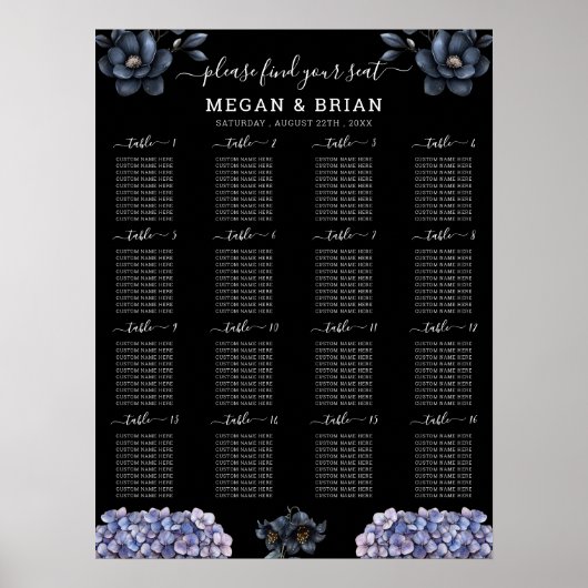 Moody Black Floral Classic Wedding Seating Chart Poster (Voorkant)
